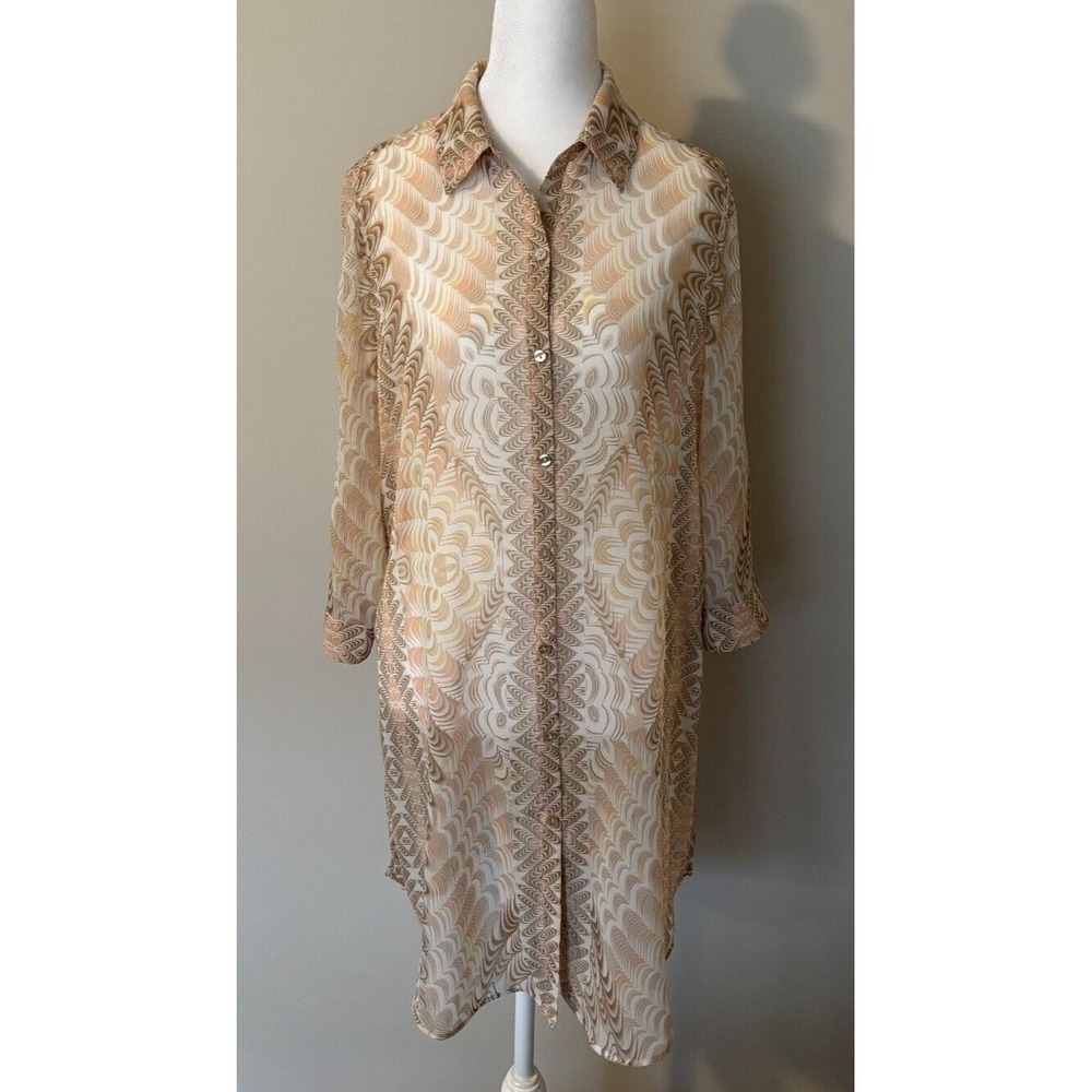 Chicos Abstract Geometric Print Sheer Button Down Tunic Top Tan Peach Size 0 S
